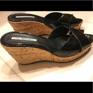 Via Spiga Black Patent Leather Cork Wedge Shoes